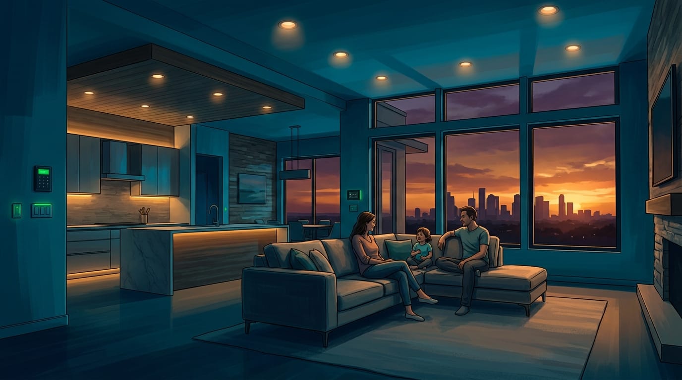A bright, modern open-plan Houston kitchen and living area at golden hour, interior lights glowing warm amber, large win