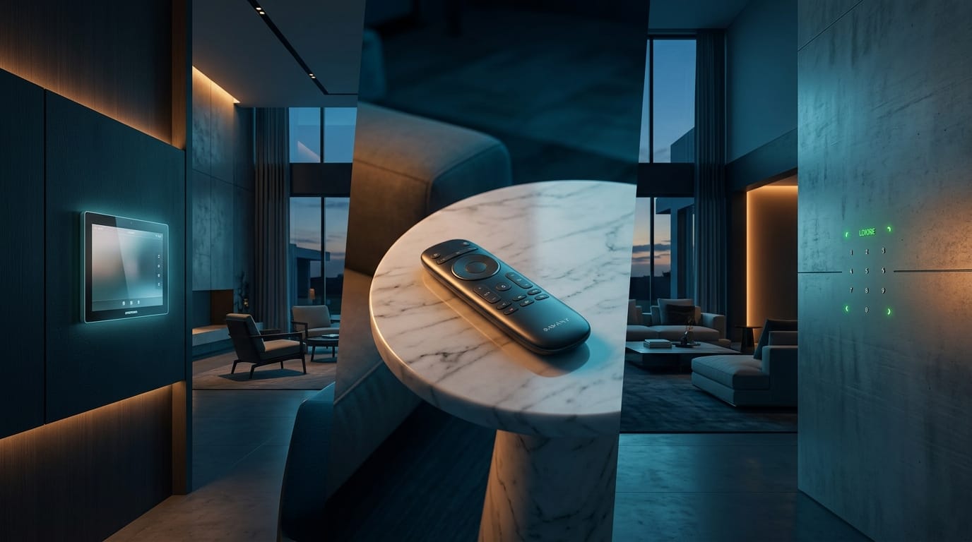 A dramatic split-panel scene inside a large Houston estate living room — one side showing a sleek wall-mounted Crestron 