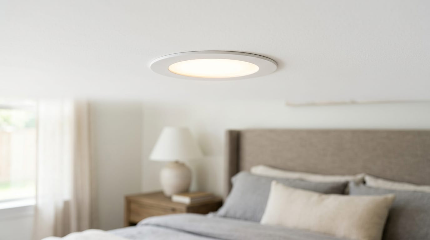 Tunable white LED fixture close-up mounted in a smooth white ceiling in a modern Houston master bedroom