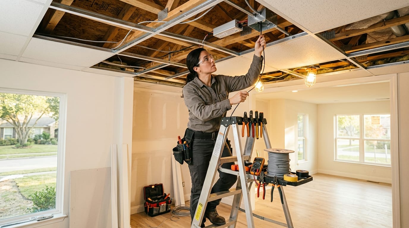 Professional smart home lighting installation in a Houston new construction home, technician routing low-voltage wiring in the ceiling