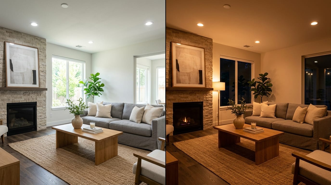 Tunable white recessed lighting in a Houston home living room shifting from cool daylight to warm amber in the evening