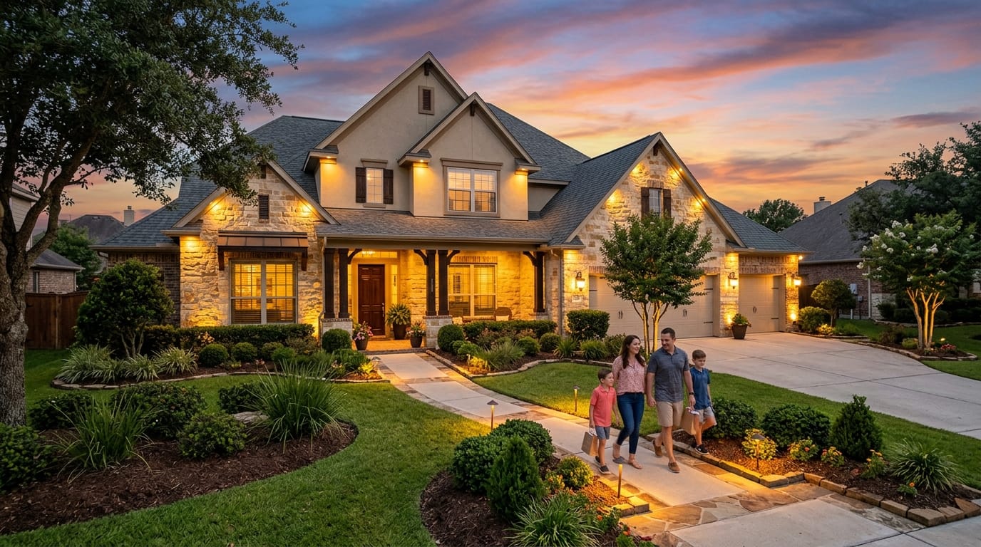 Houston home exterior at dusk with automated exterior lighting activating along the driveway and front facade, warm amber glow