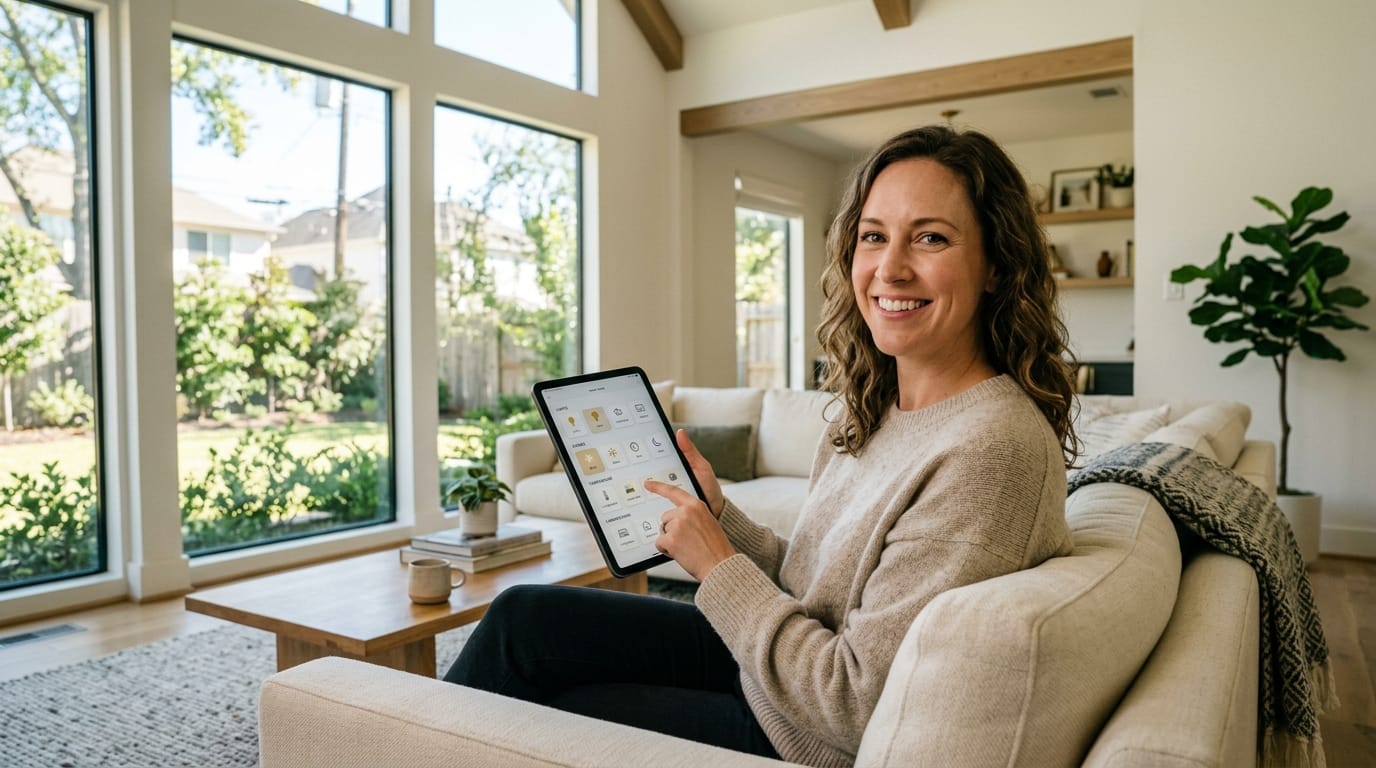 Homeowner using a tablet to view and adjust smart home automation settings on a clean modern interface in a Houston living room
