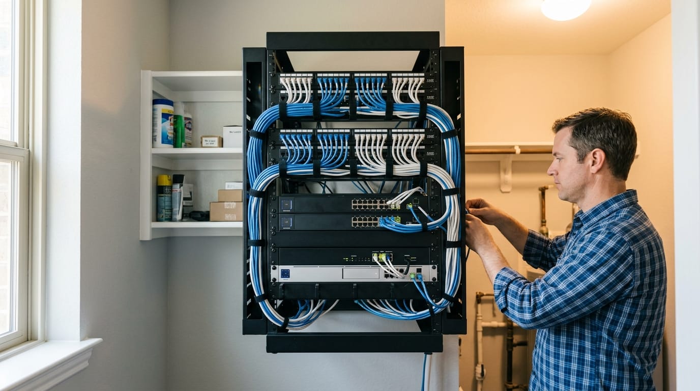 Smart home equipment rack with structured wiring, patch panels, and automation controller installed in a Houston home utility room