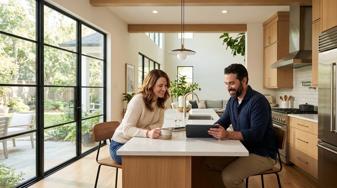 Homeowner reviewing a smart home system proposal on a tablet in a bright Houston kitchen with smart lighting visible overhead