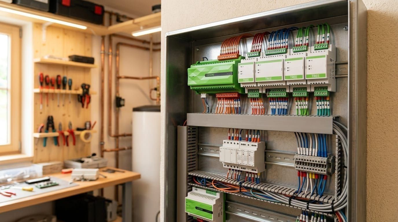 LOXONE Miniserver and Tree cabling components laid out on an installation workbench in a Houston smart home rack room