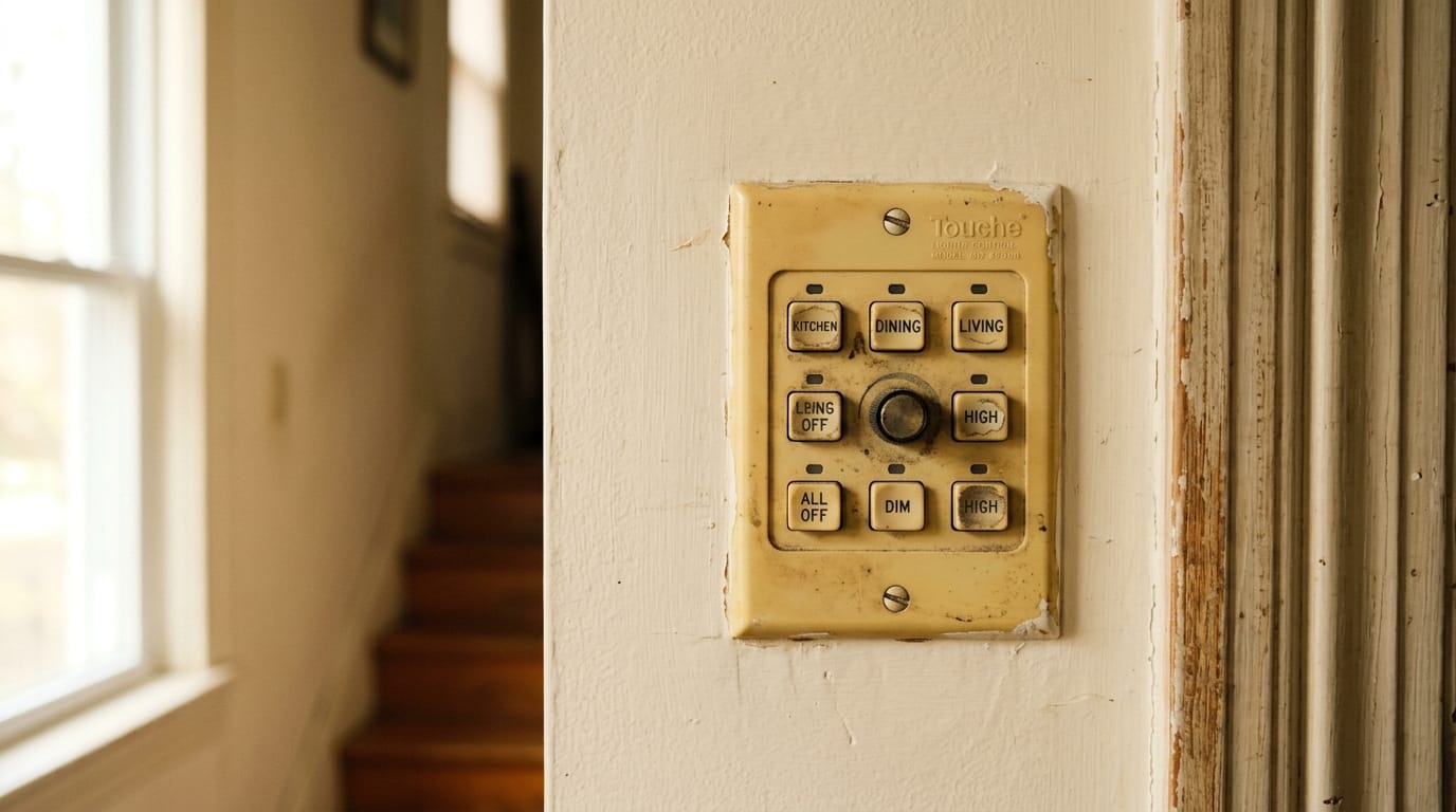 Close-up of an aging Touche lighting control keypad mounted on a wall, showing worn buttons and yellowed housing typical of end-of-life systems