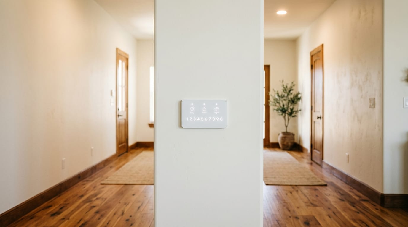 Modern LOXONE wall keypad with clean white face and backlit touch buttons installed in a Houston home hallway, warm lighting above