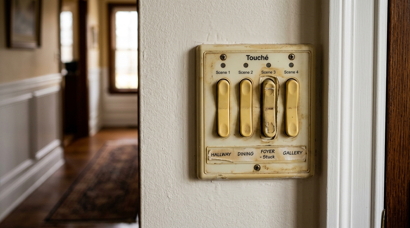 Aging Touché lighting keypad in upscale home hallway
