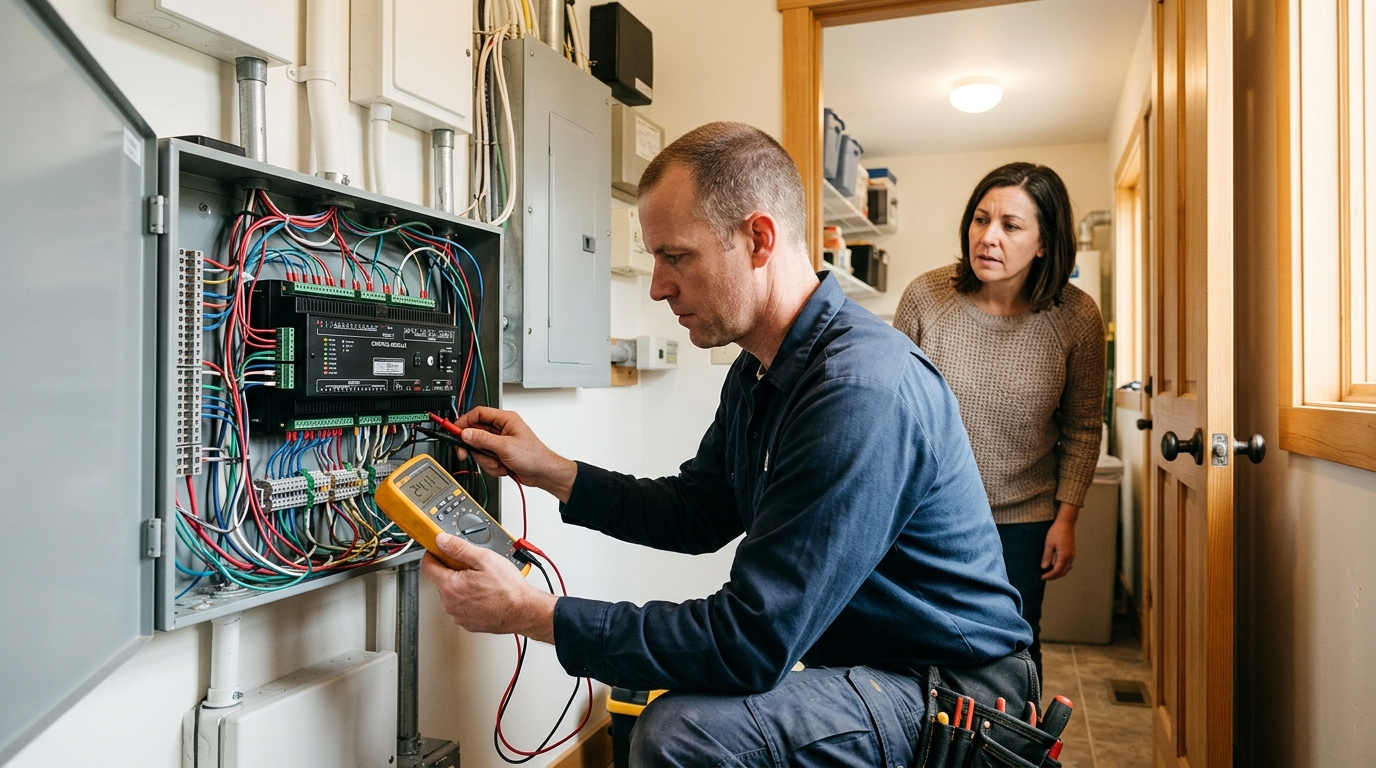 Electrician diagnosing a Touché system in utility closet