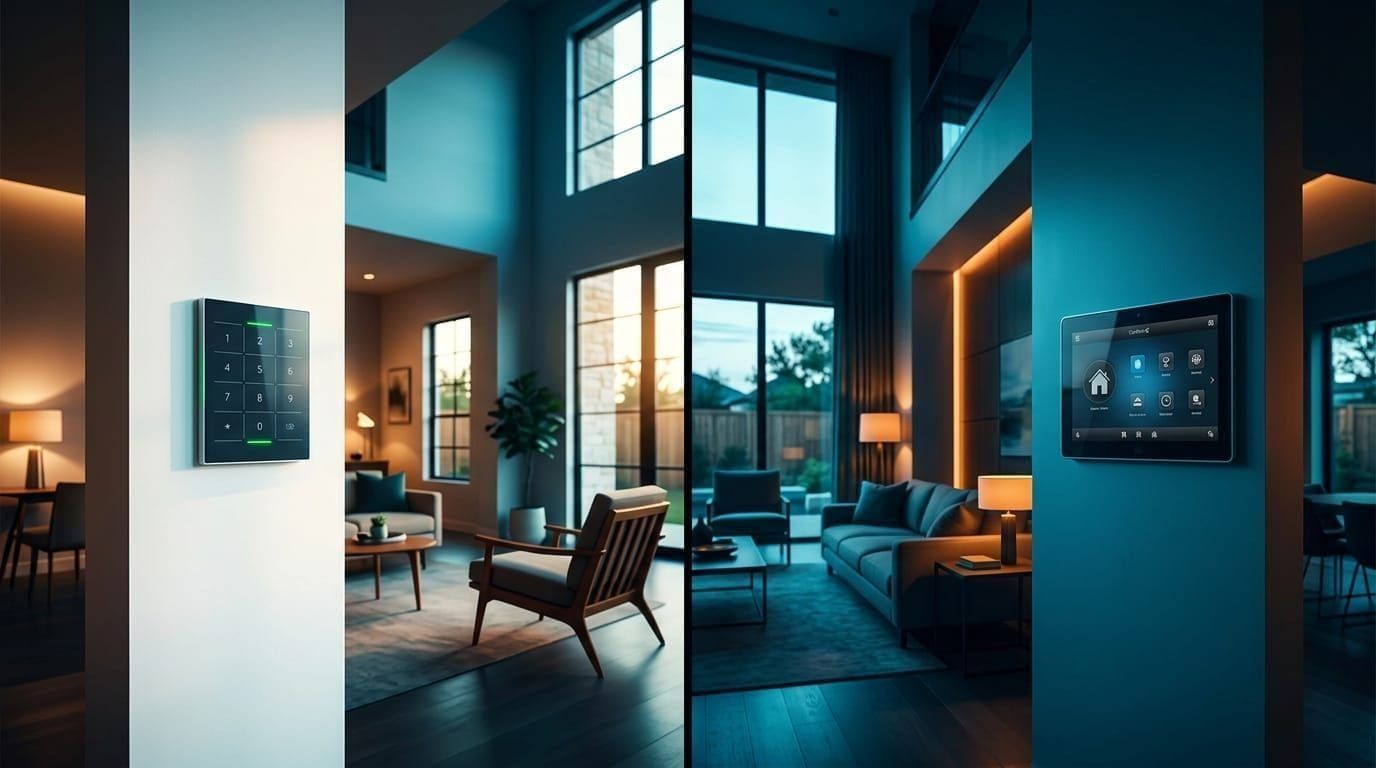 A split-screen scene of two luxury Houston home interiors side by side: on the left, a sleek LOXONE Touch Pure keypad mo