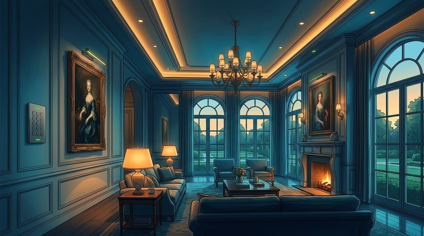 Luxury Houston estate living room with architectural lighting control system replacement — Lutron GRAFIK Eye to LOXONE upgrade
