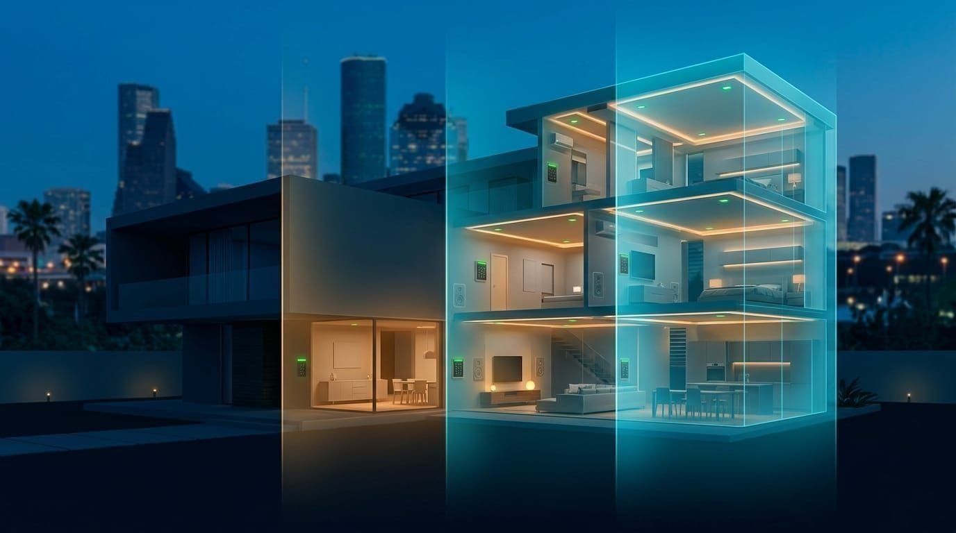 Modern smart home exterior with automated landscape lighting in the Houston area