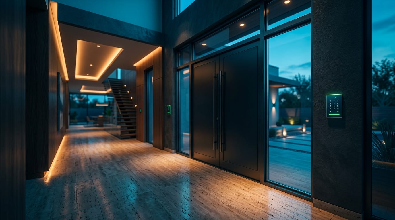 A wide-angle interior shot of a Houston-style luxury home entryway at dusk — warm amber recessed lighting glowing above 