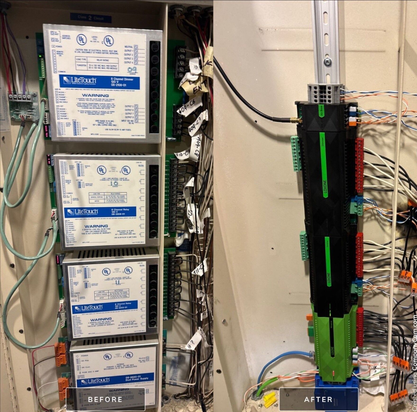 The same equipment enclosure before and after: LiteTouch dimmer, relay and power supply modules on the left, a LOXONE Miniserver with Dimmer and Air Base extensions on the right, both wired to the identical field cabling