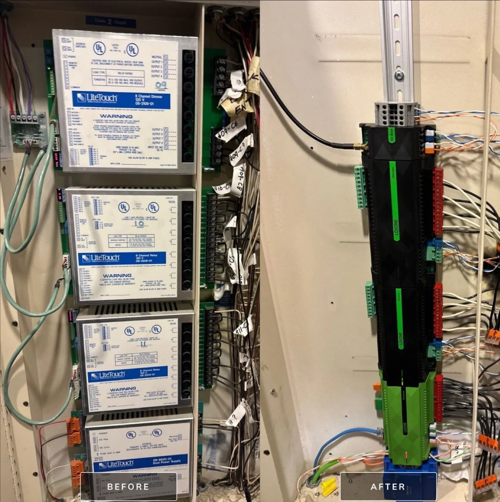 Side by side: a panel with LiteTouch modules, and the same kind of panel with LOXONE modules, marked Before and After