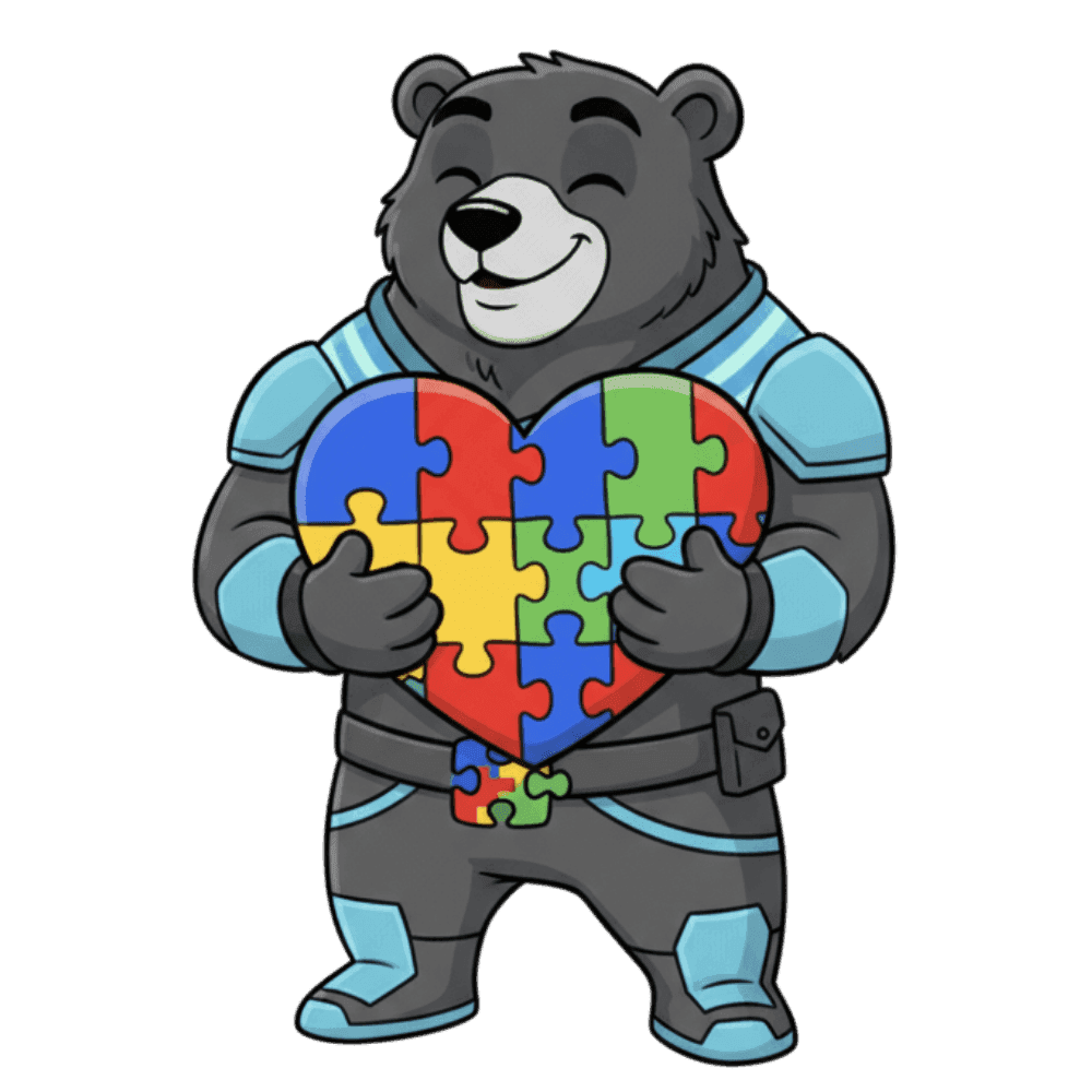 Griz holding an autism awareness puzzle heart