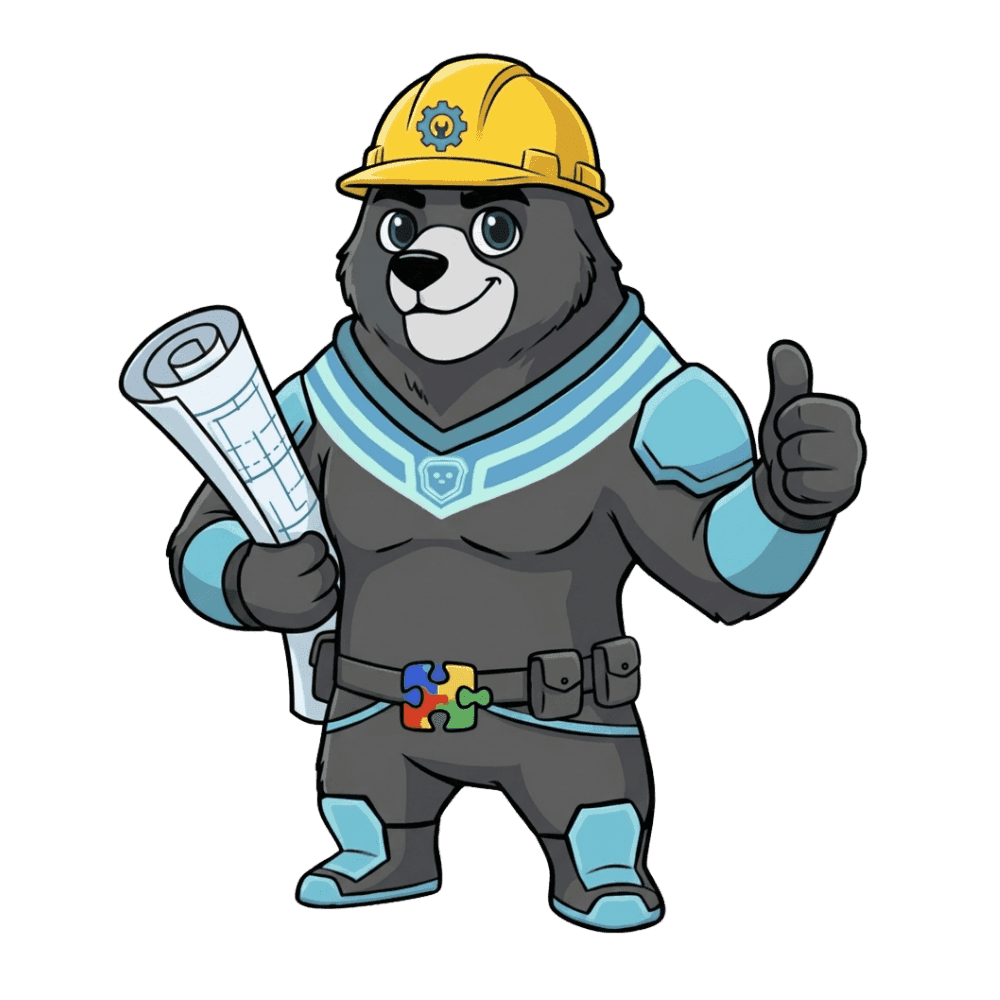 Griz the bear with hardhat and blueprints