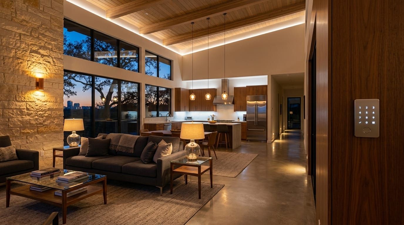 Modern Houston home great room at dusk with layered architectural lighting scenes across multiple zones, replacing a legacy centralized lighting control system