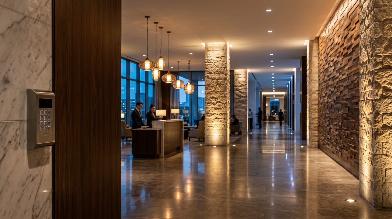 High-end commercial building interior in Houston at twilight with elegant architectural lighting replacing a legacy Touche control system