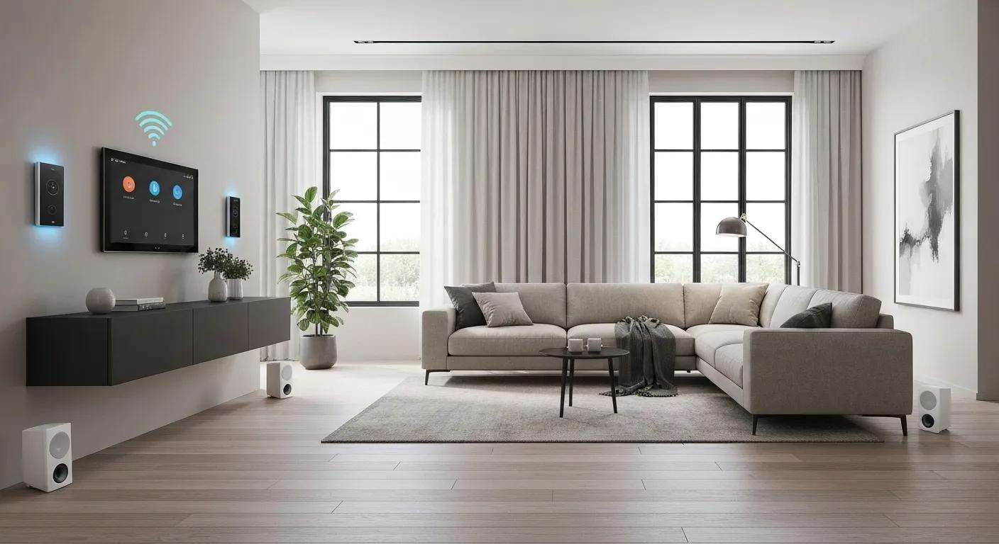Modern living room with smart home automation features, highlighting integrated lighting and climate control