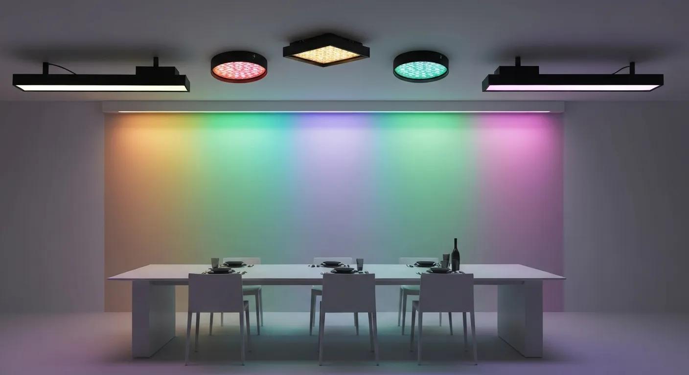 Dining area illuminated with dynamic RGBW lighting, creating various moods and ambiance